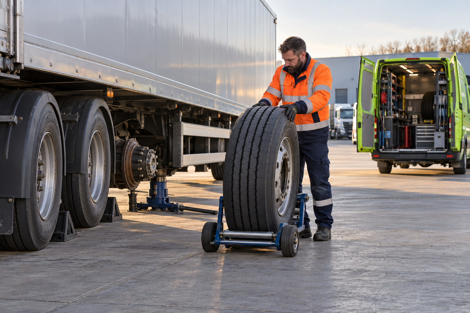 Commercial tyre technician replacing a trailer wheel on a trolley in a UK depot with a green service van